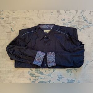 Men's Blue long sleeve button up flip cuff blue paisley dress shirt, size 2XL